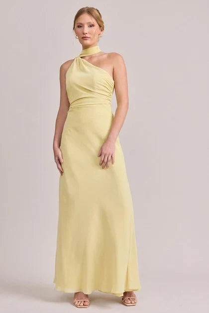 Elegant A-Line One-Shoulder Sleeveless Draped Flowy Pale Yellow Floor Bridesmaid Dress Women Gown