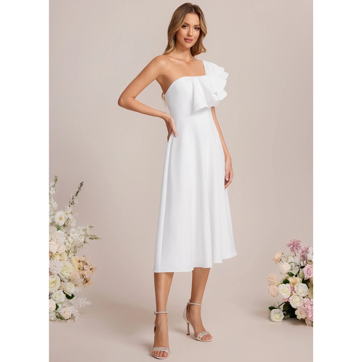 Elegant A-Line One-Shoulder Sleeveless Ruffled Chic White Midi Wedding Dresses Brides Gown