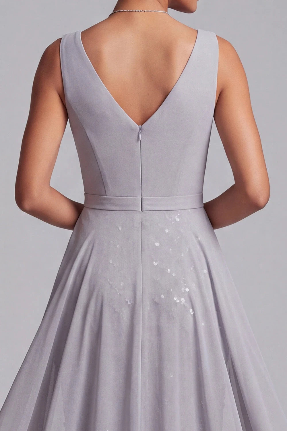 Elegant A-Line Overlay V-Neck Sleeveless Sequin Grey Prom Gown