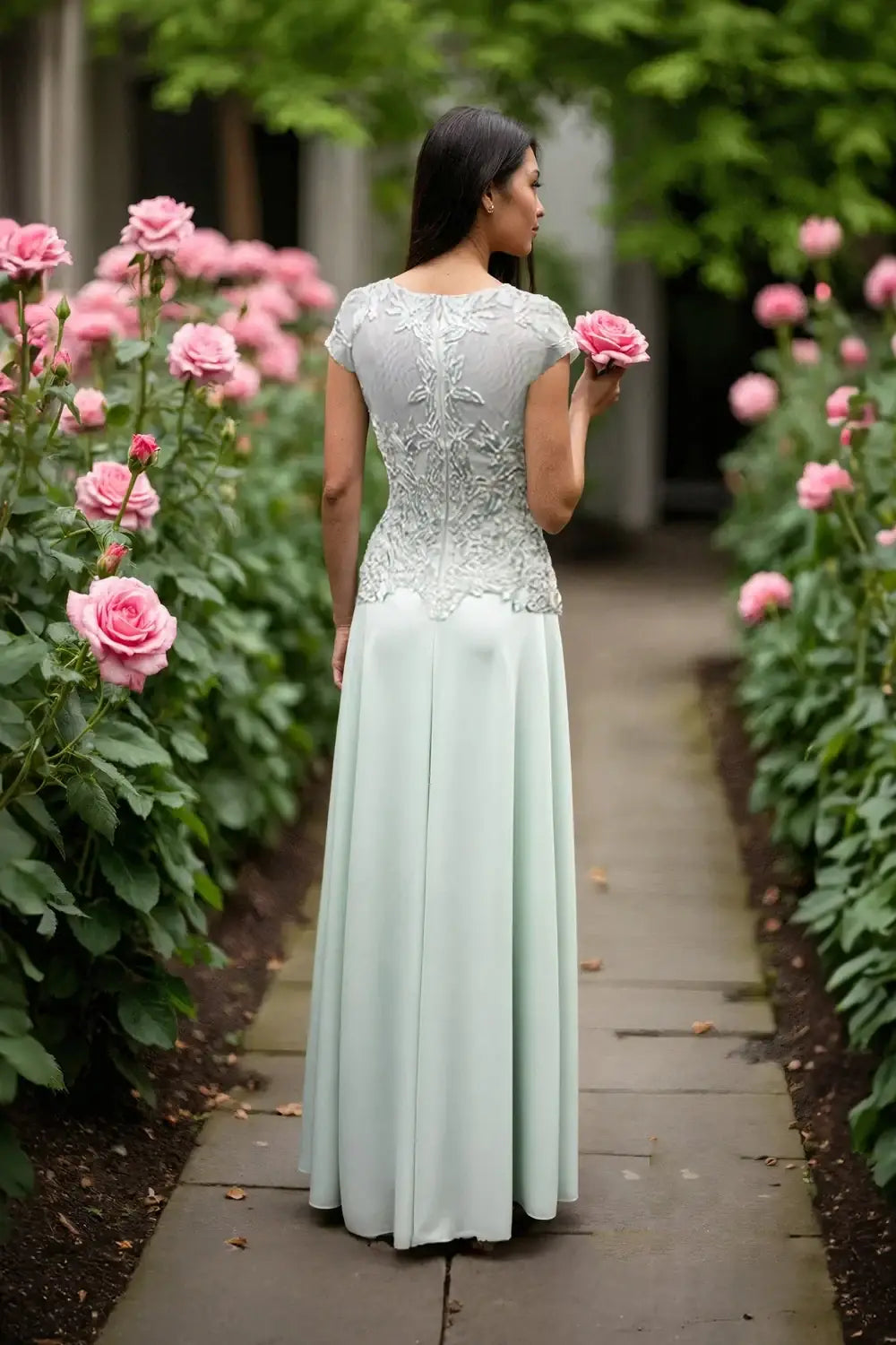 Elegant A-Line Round Neck Beaded Lace Mint Green Mother Of The Bride Gown