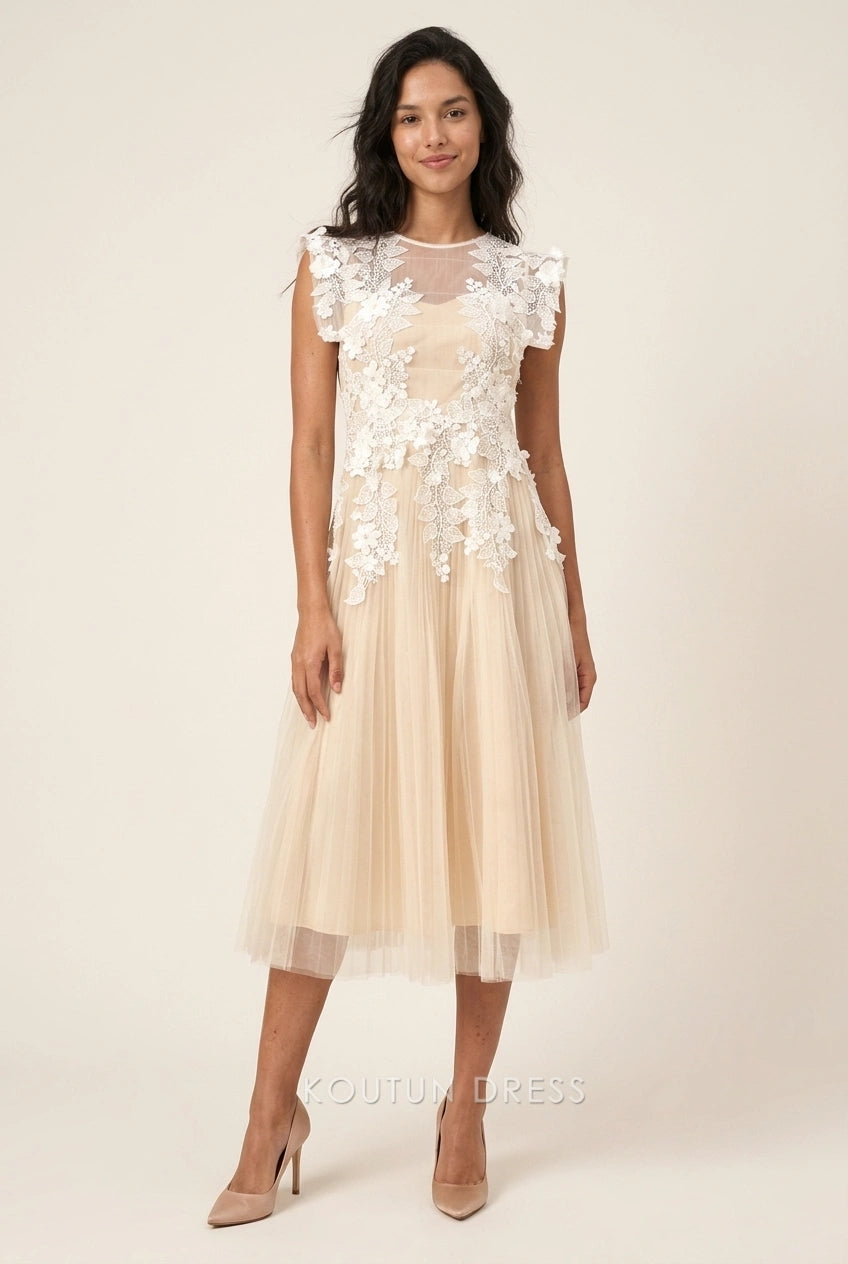 Elegant A-Line Round Neck Cap Sleeve Floral Pleated Champagne Midi Prom Dresses