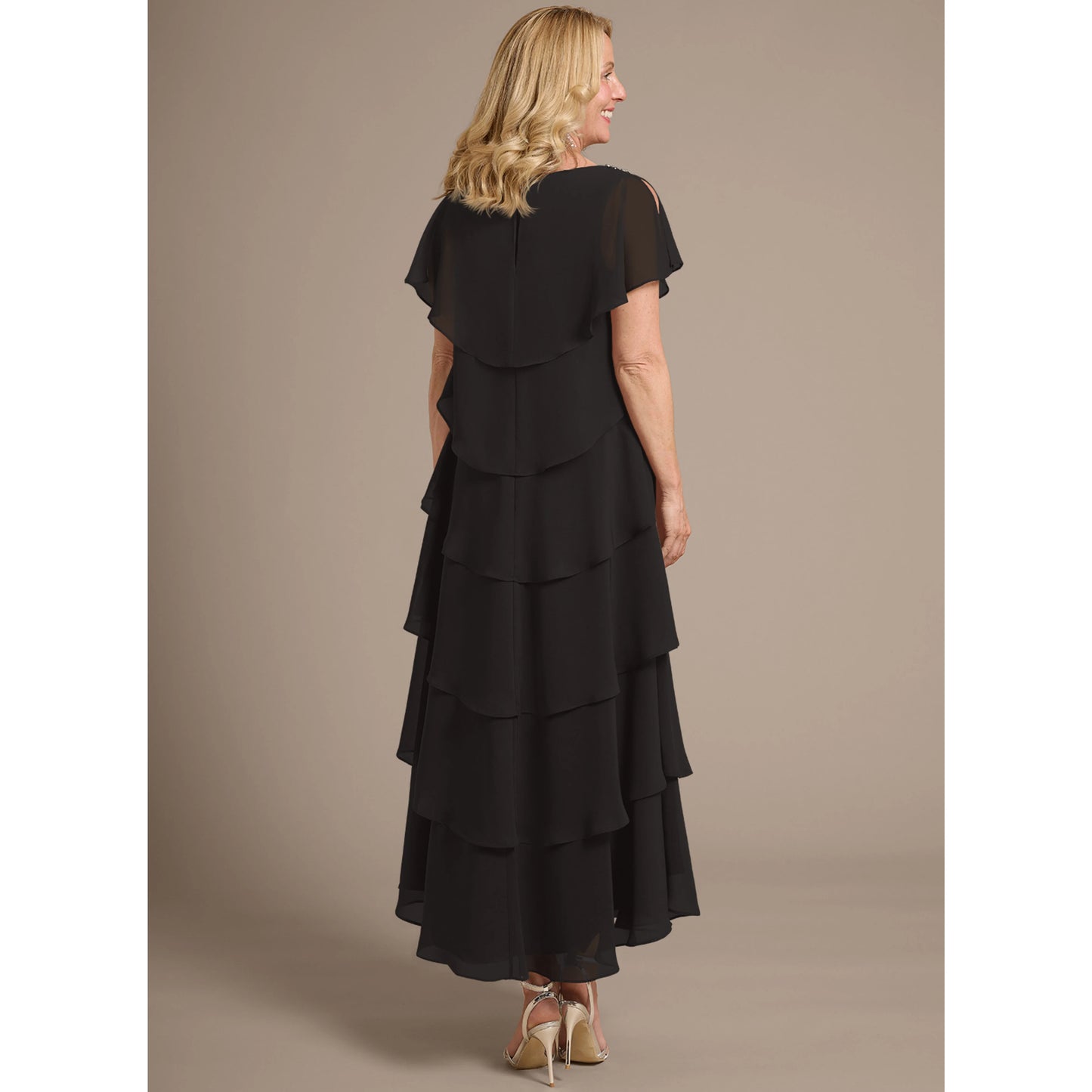 Elegant A-Line Round Neck Flutter Sleeve Tiered Black Midi Mother of the Bride Dress