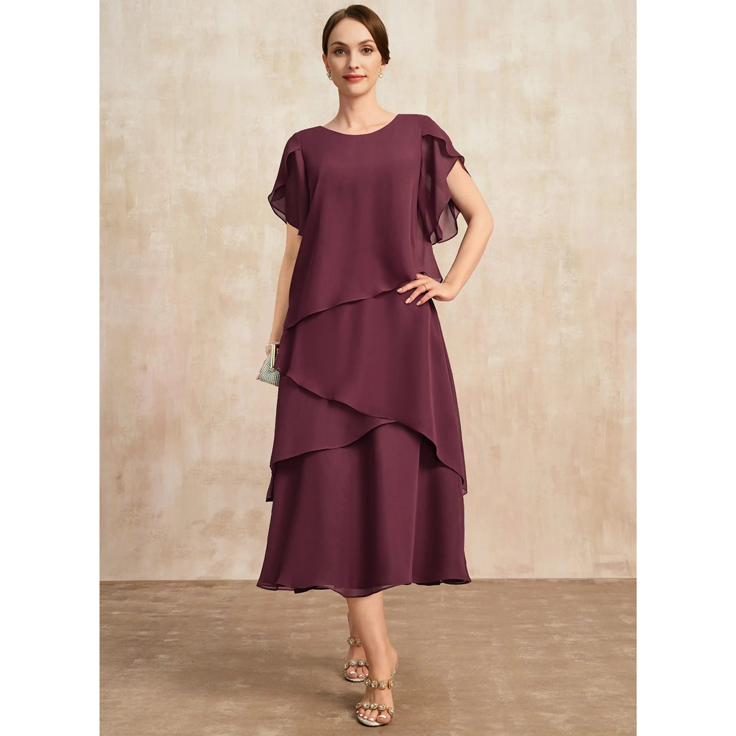 Elegant A-Line Round Neck Flutter Sleeve Tiered Midi Plum Mother of the Bride Dress
