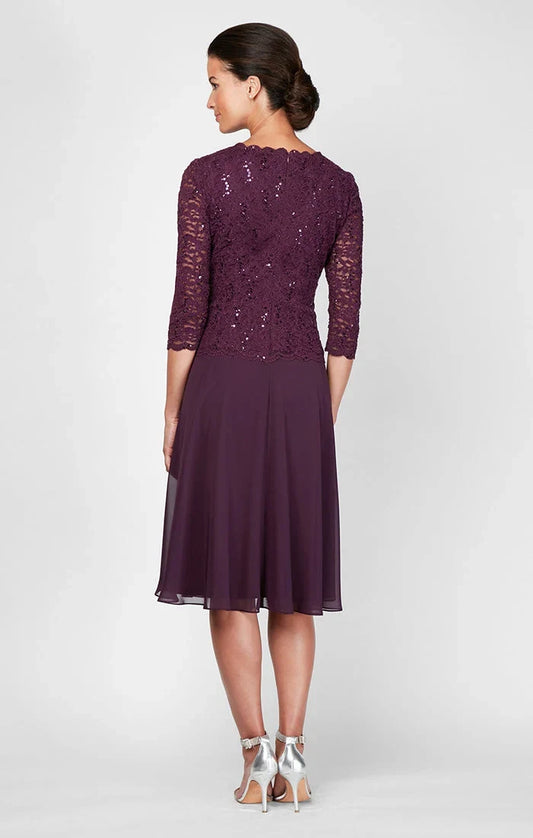 Elegant A-Line Round Neck Sequin Lace Plum Midi Mother of the Bride Dress