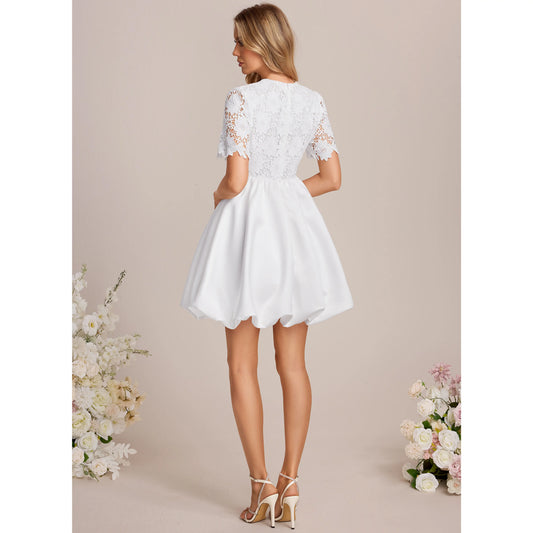 Elegant A-Line Round Neck Short Sleeve Lace White Mini Evening Dress