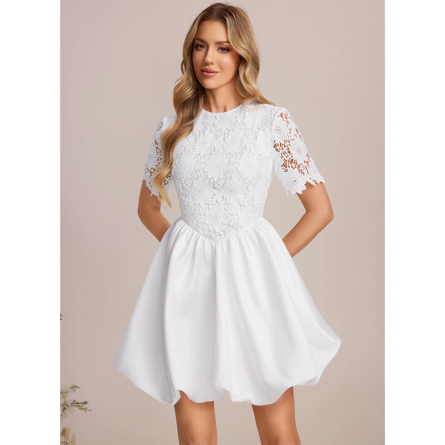 Elegant A-Line Round Neck Short Sleeve Lace White Mini Evening Dress