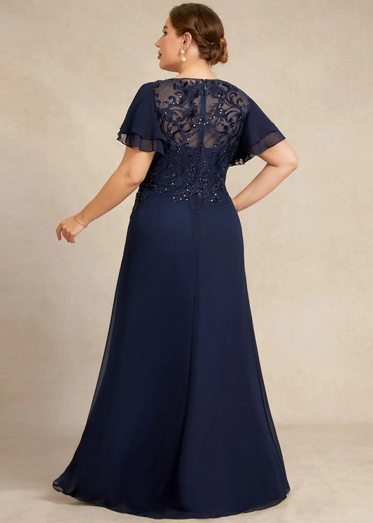 Elegant A-Line Scoop Neck Flutter Sleeve Beaded Navy Floor-Length Mother of the Bride Gown
