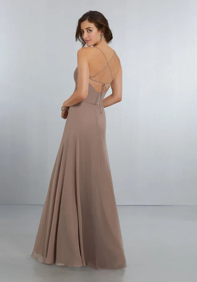 Elegant A-Line Scoop Sleeveless Strappy Backless Taupe Maxi Bridesmaid Dress Gown
