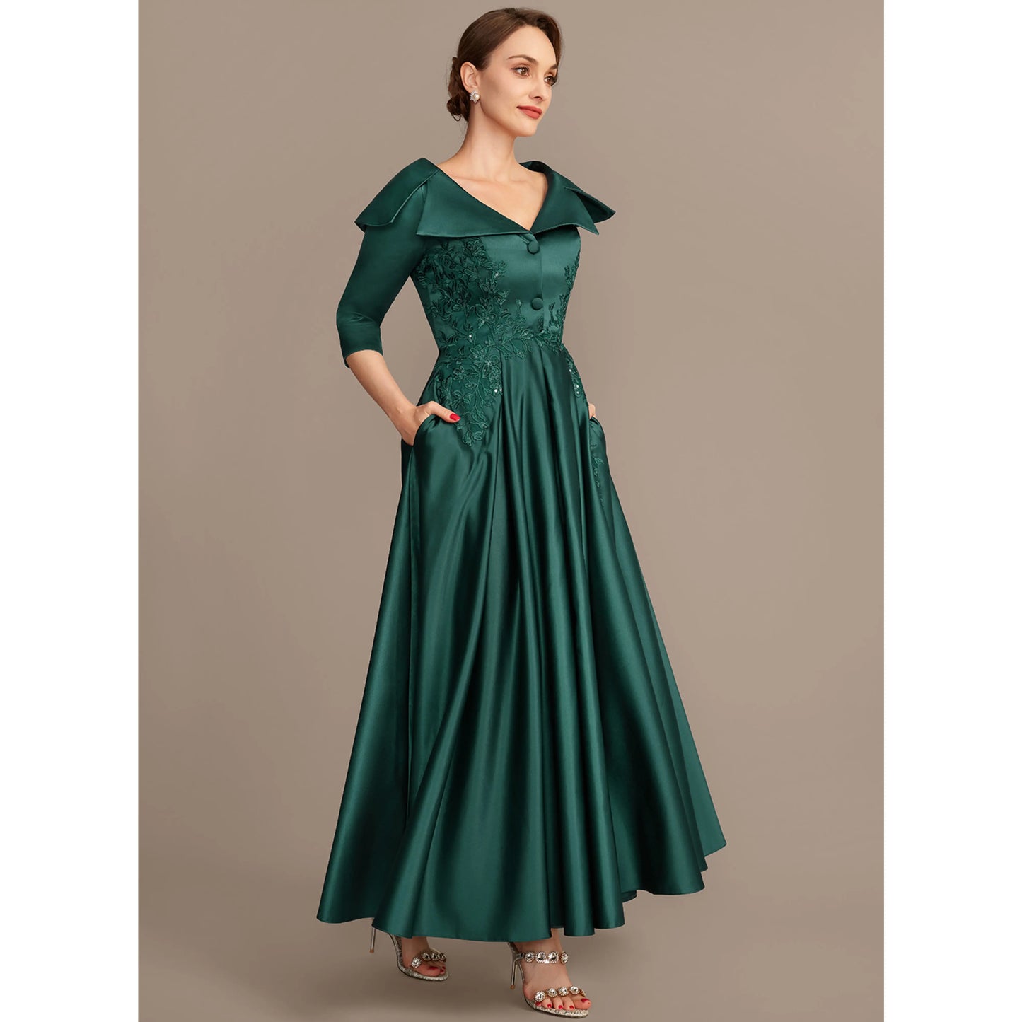 Elegant A-Line Shawl Collar Three-Quarter Sleeve Dark Green Mother Of The Bride Gown