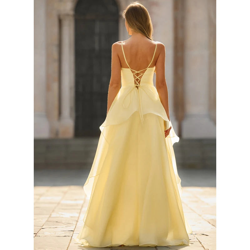 Elegant A-Line Spaghetti Strap Ruffled Slit Pale Yellow Floor-Length Prom Dress