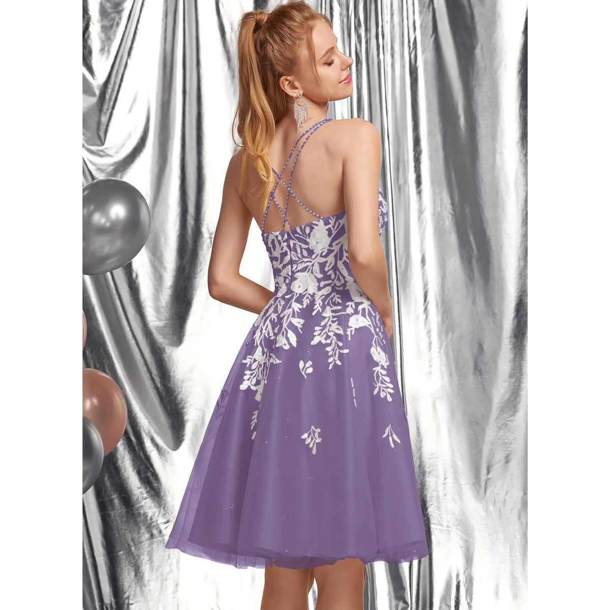 Elegant A-Line Spaghetti Strap Sleeveless Floral Purple Short Homecoming Dress