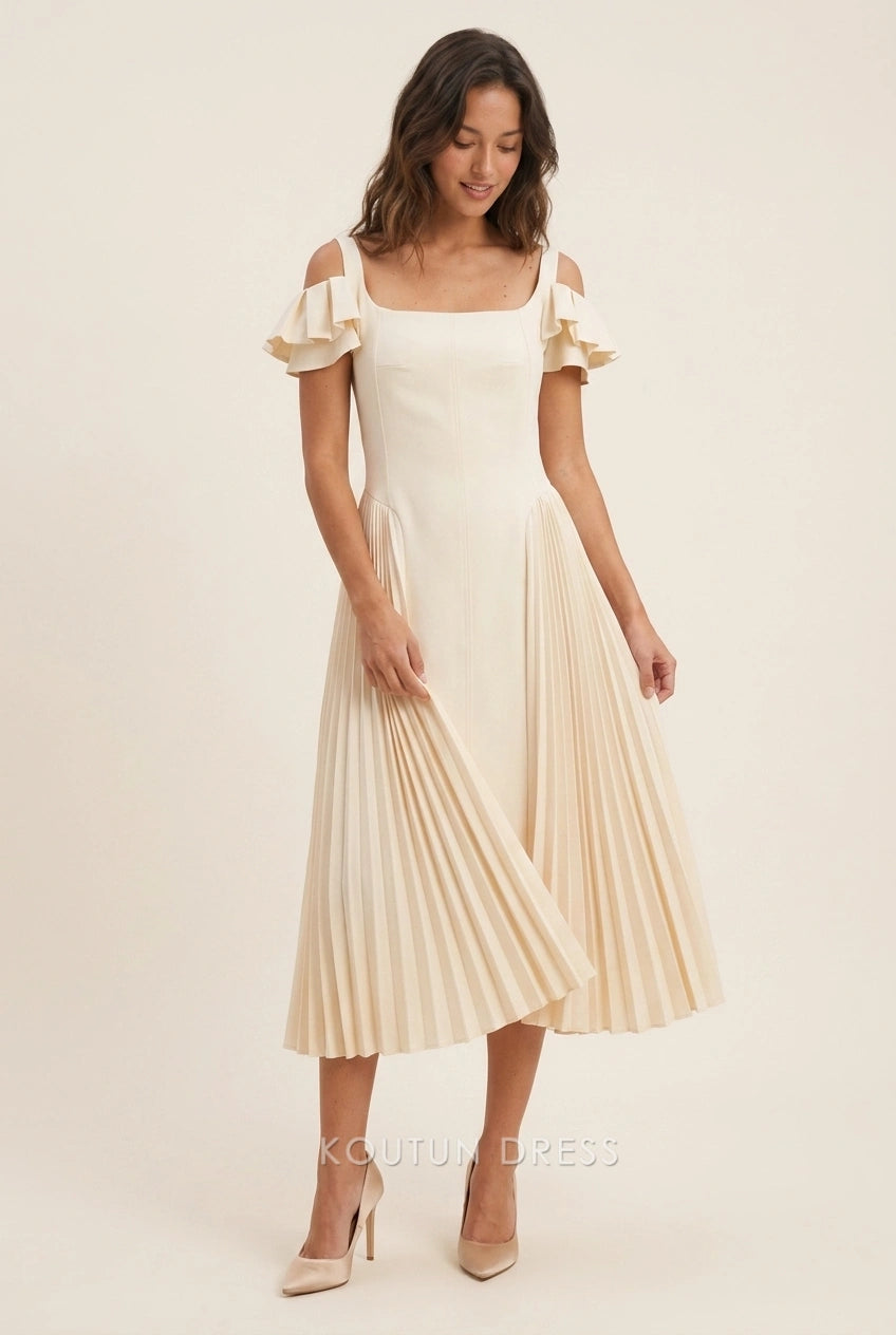 Elegant A-Line Square-Neck Off-Shoulder Pleated Midi Cream Prom Dresses