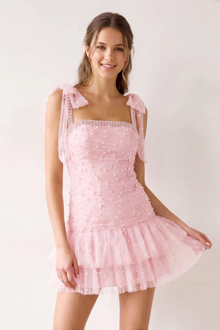 Elegant A-Line Square Neck Bow Strap Ruffled Pink Short Homecoming Dress