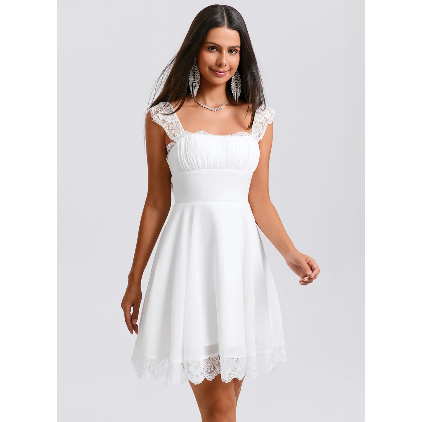 Elegant A-Line Square Neck Cap Sleeve Charming White Short Homecoming Dress for Women