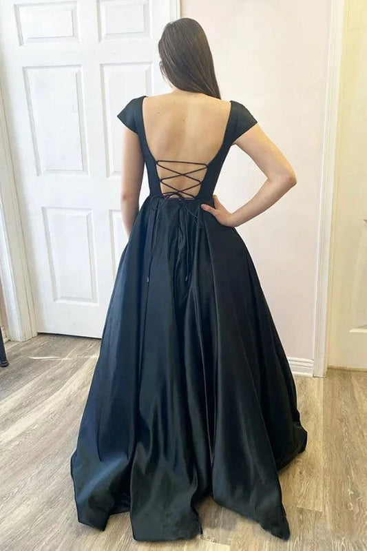 Elegant A-Line Square Neck Cap Sleeves Backless Black Floor-Length Prom Dress Women's