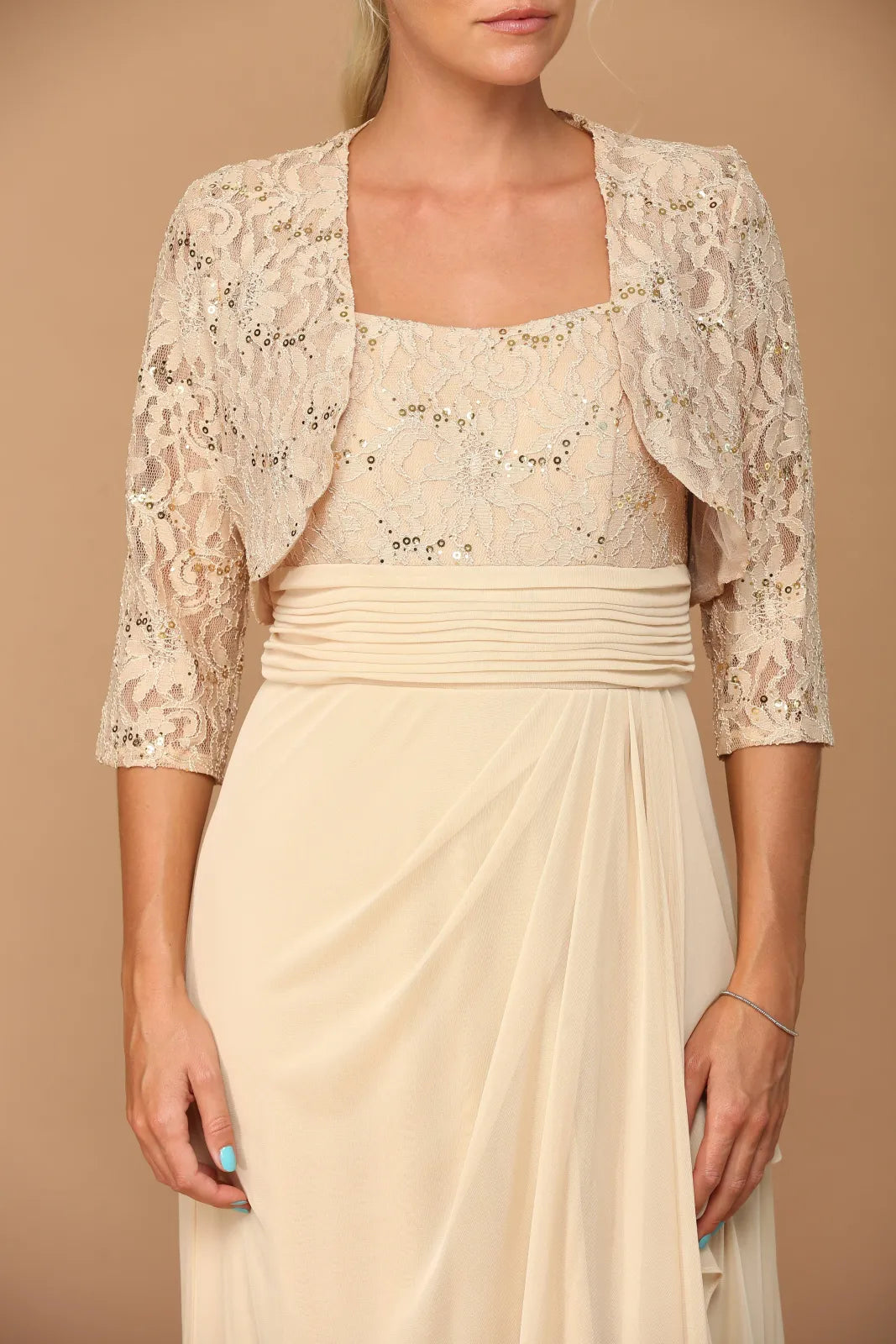 Elegant A-Line Square Neck Sleeveless Beaded Champagne Floor-Length Mother Of The Bride Gown