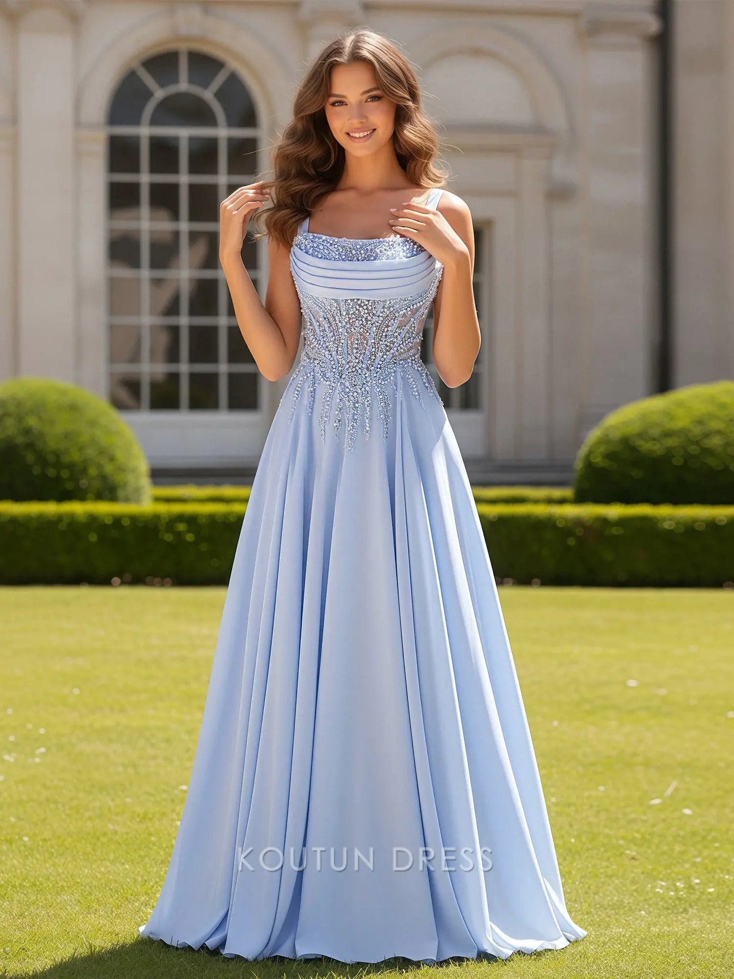 Elegant A-Line Square Neck Sleeveless Beaded Light Blue Long Prom Dress Women