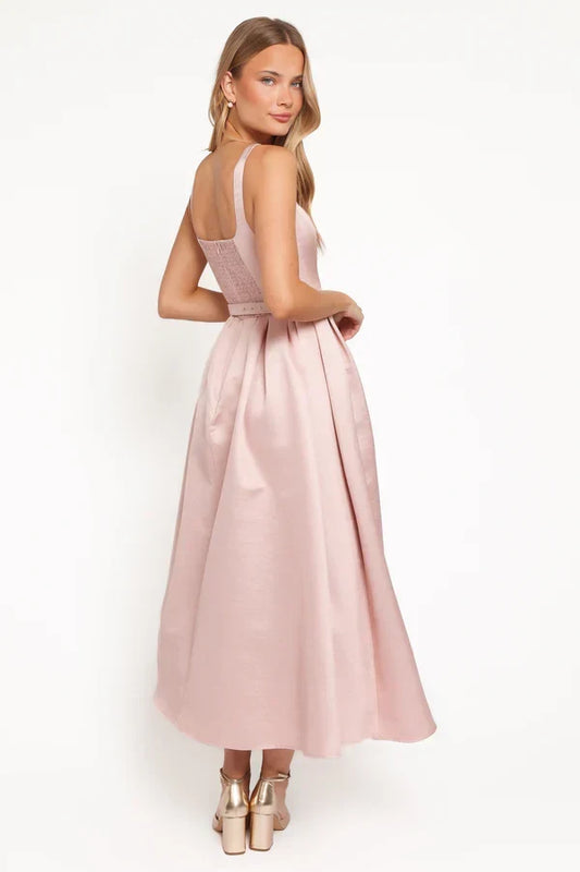Elegant A-Line Square Neck Sleeveless Belted Flared Blush Pink Midi Prom Dress