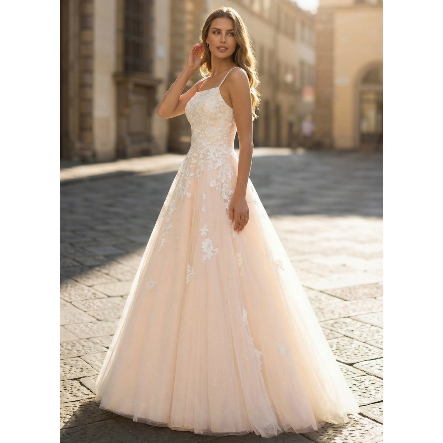 Elegant A-Line Square Neck Sleeveless Floral Sparkling Light Peach Floor-Length Prom Dresses