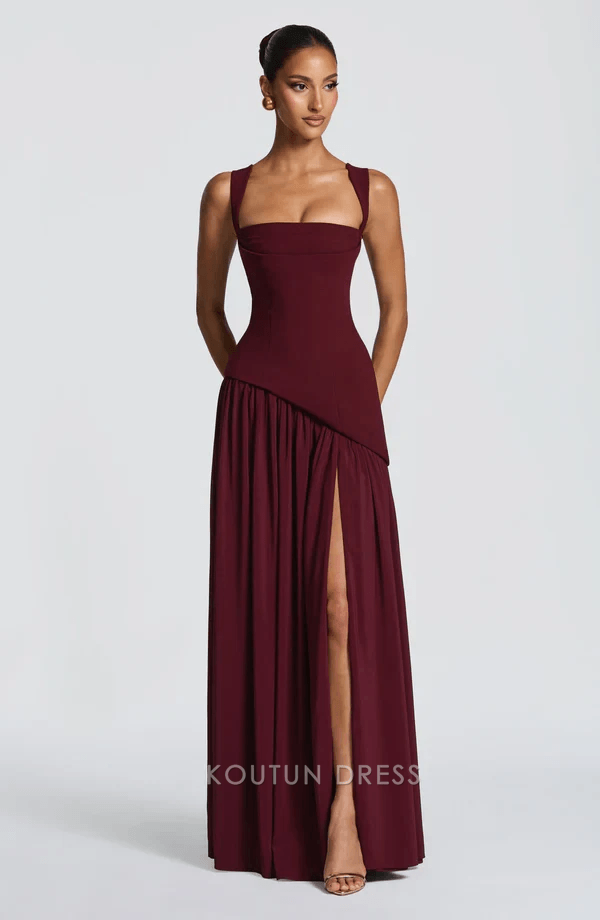 Elegant A-Line Square Neck Sleeveless High Slit Burgundy Floor-Length Prom Dress