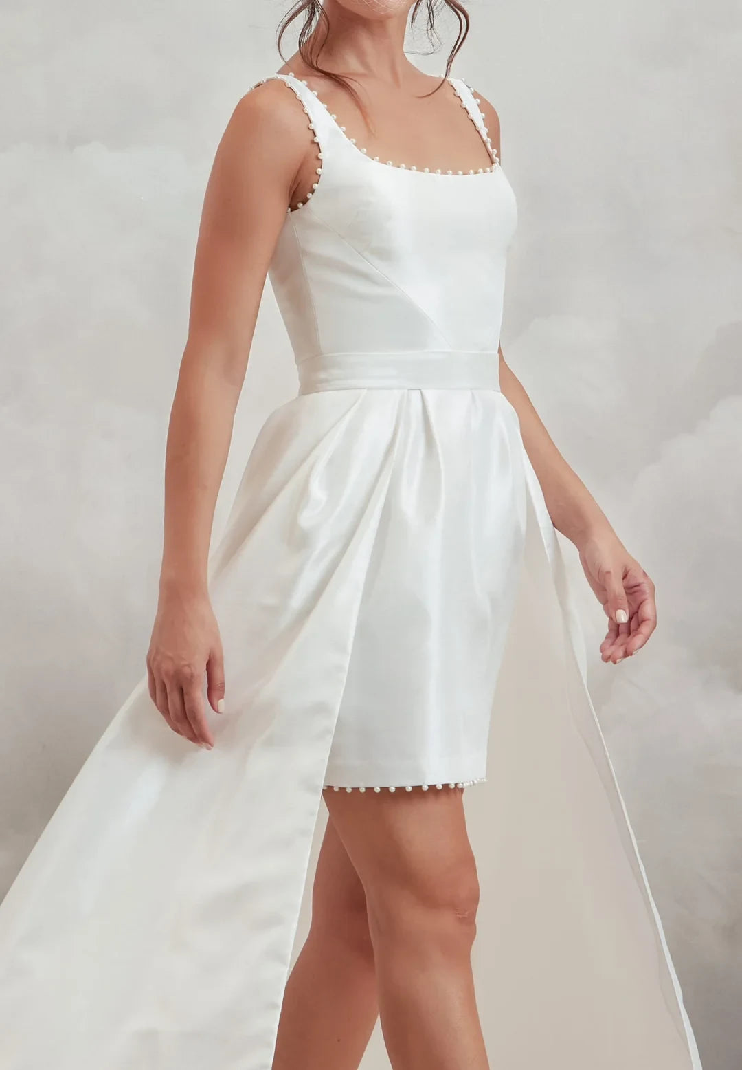 Elegant A-Line Square Neck Sleeveless Pearl Trim White High-Low Wedding Dress