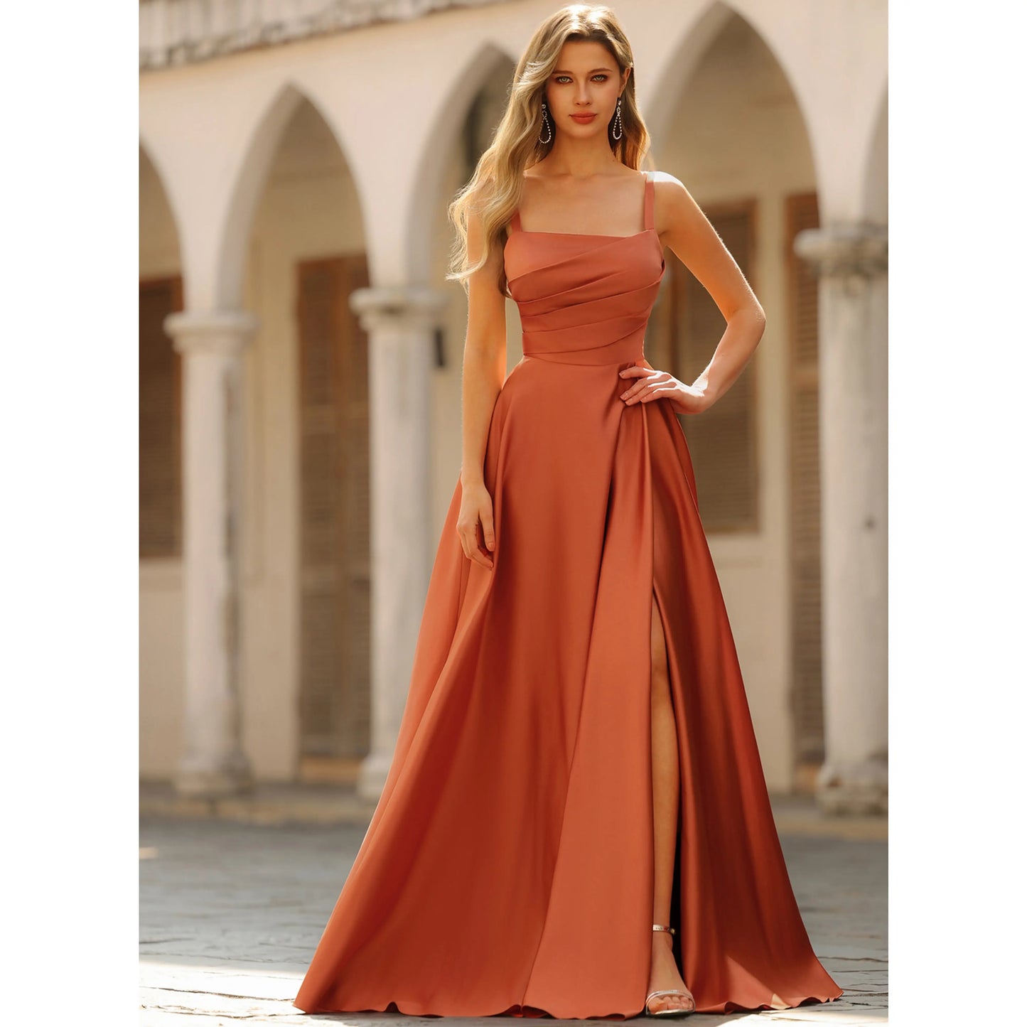 Elegant A-Line Square Neck Sleeveless Ruched Slit Terracotta Floor-Length Prom Dresses for Women
