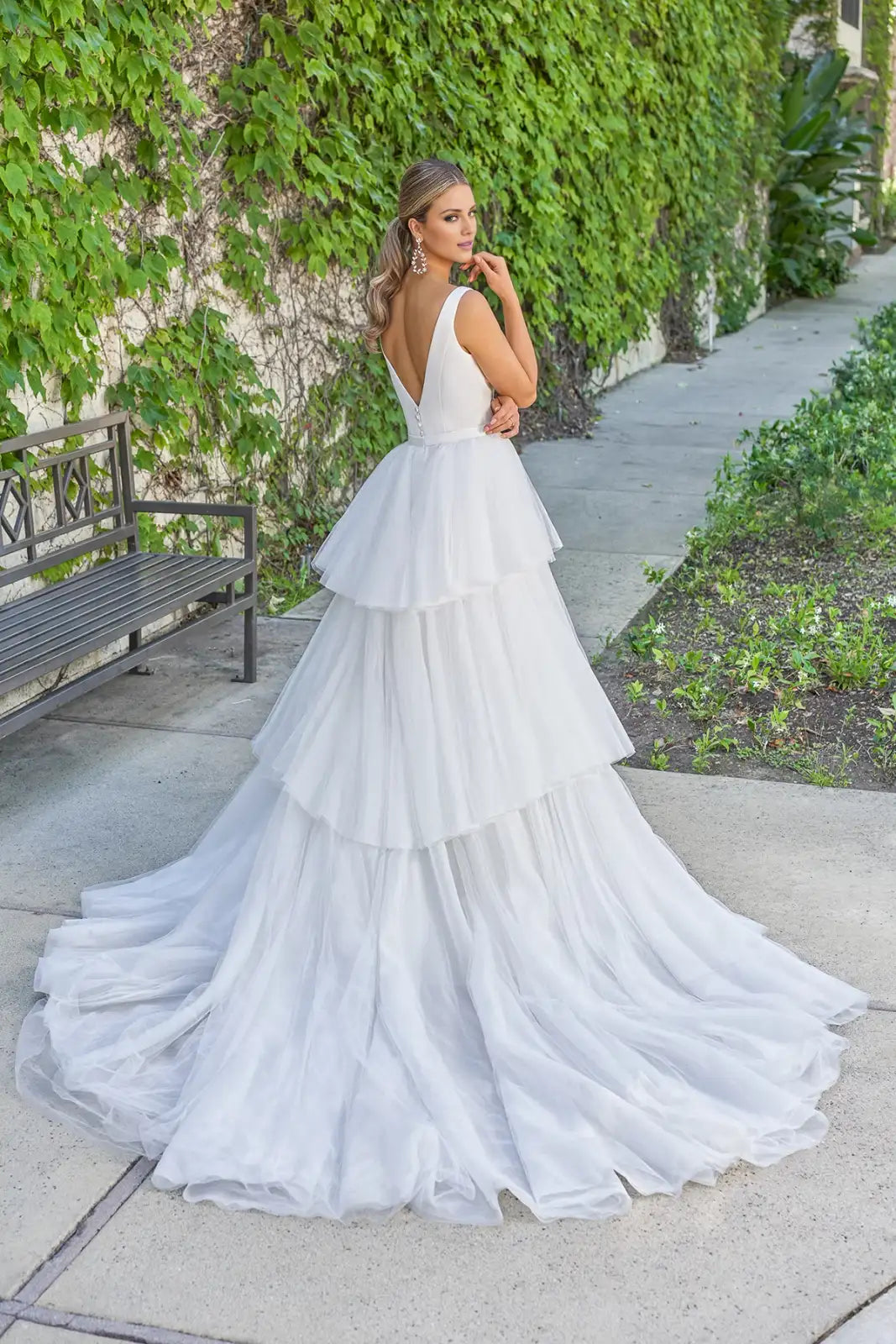Elegant A-Line Square Neck Sleeveless Tiered White Floor-Length Wedding Gown