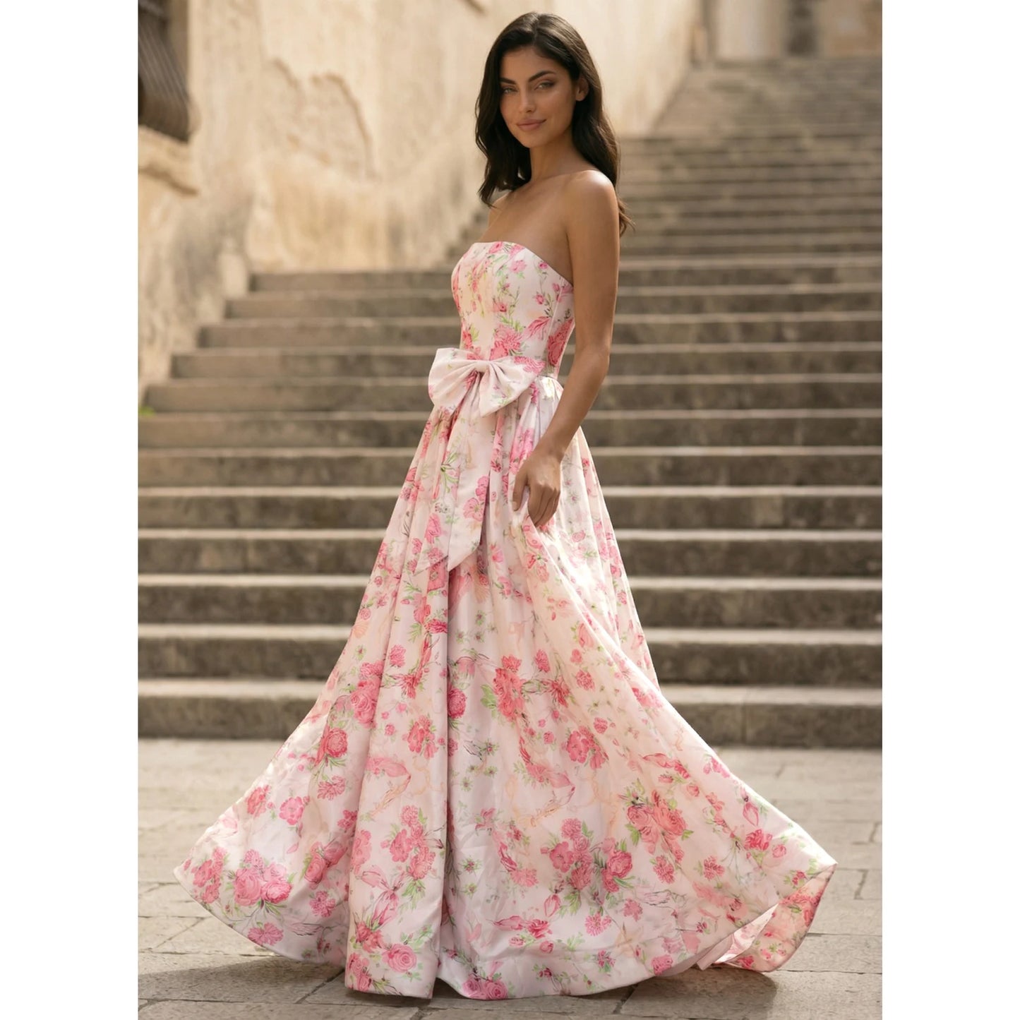 Elegant A-Line Strapless Bow-Accent Floral Floor-Length Prom Dresses for Women