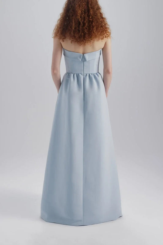 Elegant A-Line Strapless Bow Detail Light Blue Floor-Length Bridesmaid Dress Women's Gown