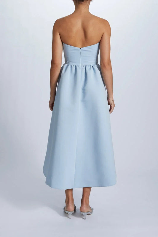Elegant A-Line Strapless Bow Detail Light Blue Midi Bridesmaid Women's Gown