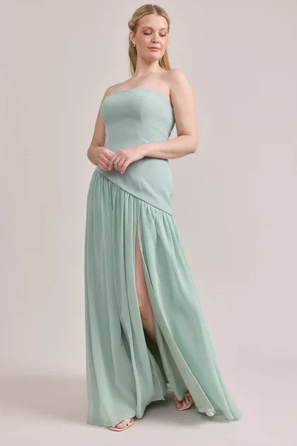 Elegant A-Line Strapless Chic Flowy Sage Green Floor-Length Bridesmaid Gown