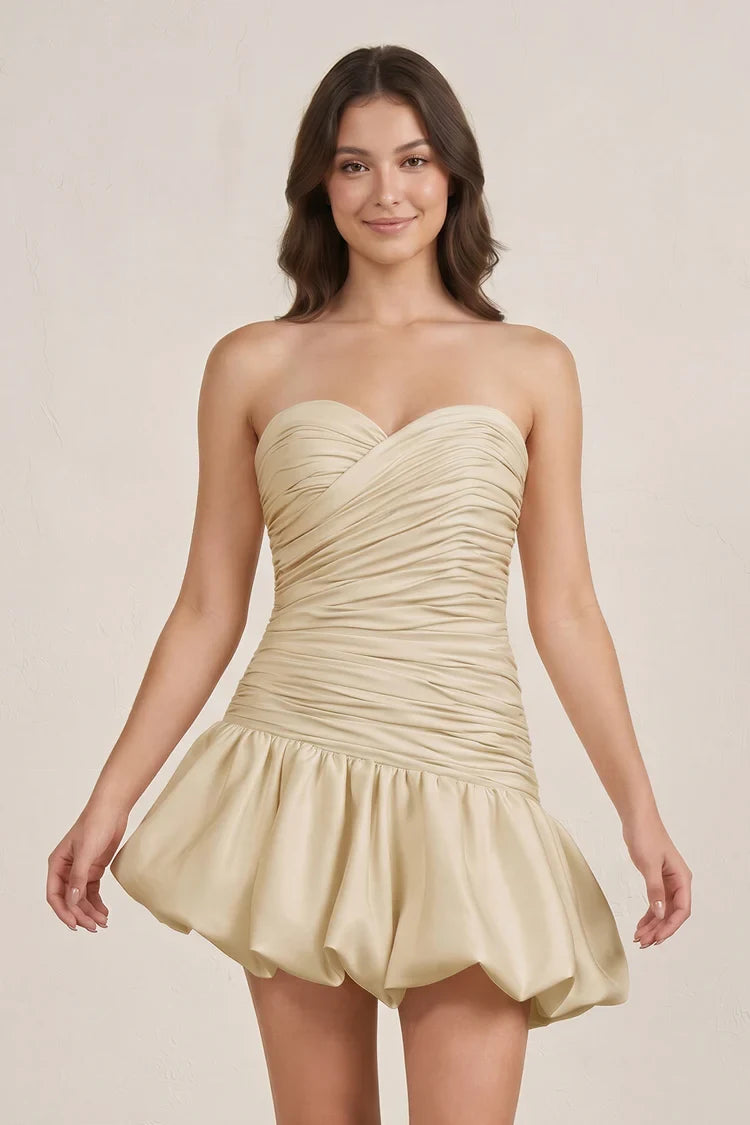 Elegant A-Line Strapless Draped Ruched Champagne Short Homecoming Dress