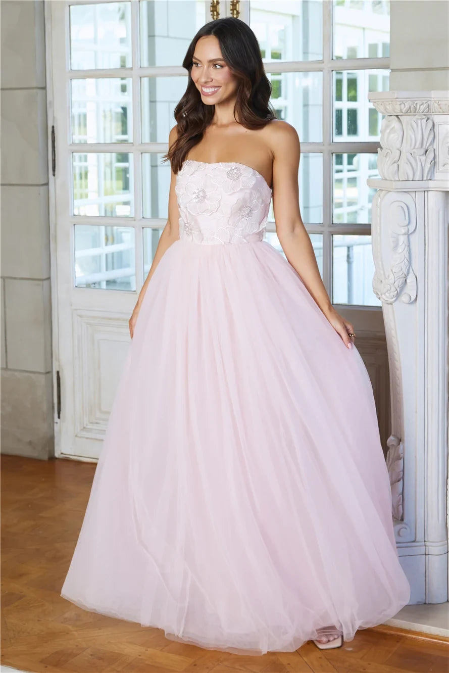 Elegant A-Line Strapless Floral Beaded Blush Pink Floor-Length Prom Gown