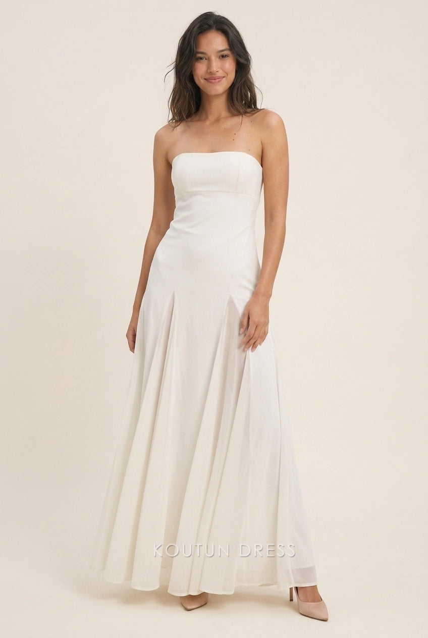 Elegant A-Line Strapless Pleated Chic Light Beige Floor-Length Prom Dresses