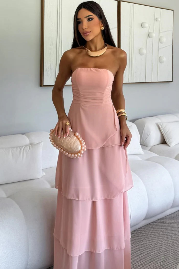 Elegant A-Line Strapless Pleated Tiered Pink Floor-Length Prom Dresses