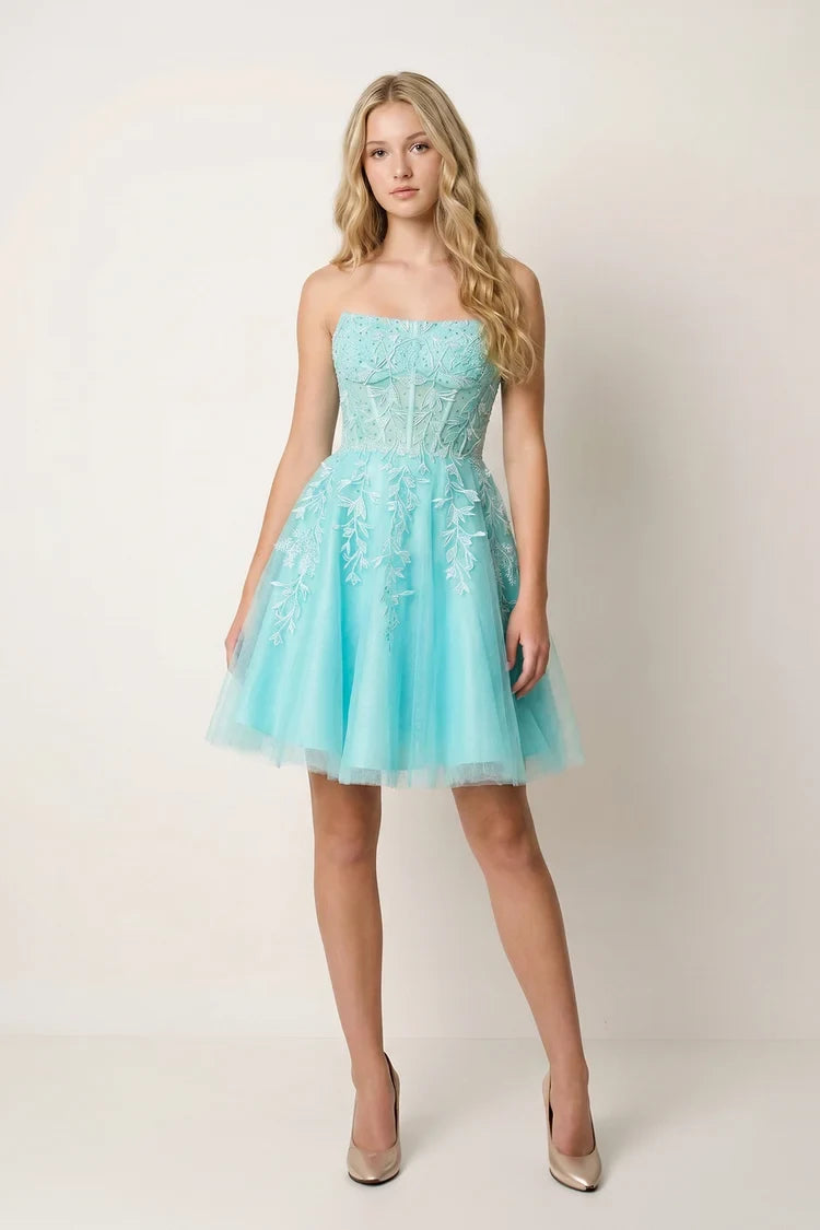 Elegant A-Line Strapless Sleeveless Beaded Aqua Short Homecoming Dress