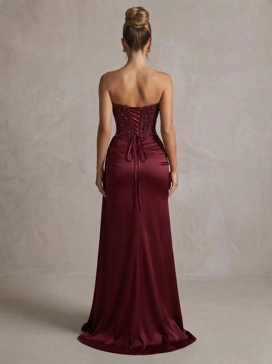 Elegant A-Line Strapless Sleeveless Beaded Slit Burgundy Floor-Length Prom Dresses Women