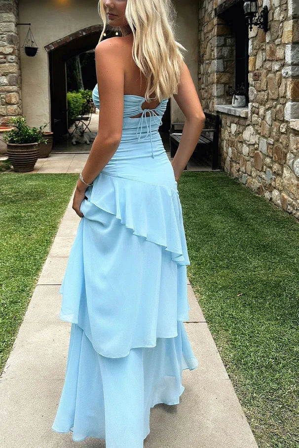 Elegant A-Line Strapless Sleeveless Cutout Tiered Ruffle Blue Long Prom Dresses Gown