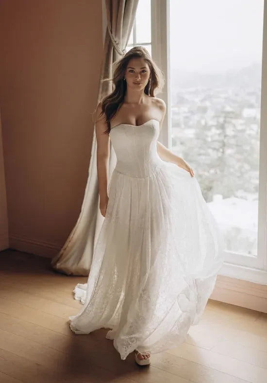 Elegant A-Line Strapless Sleeveless Lace Corset White Floor-Length Wedding Gown