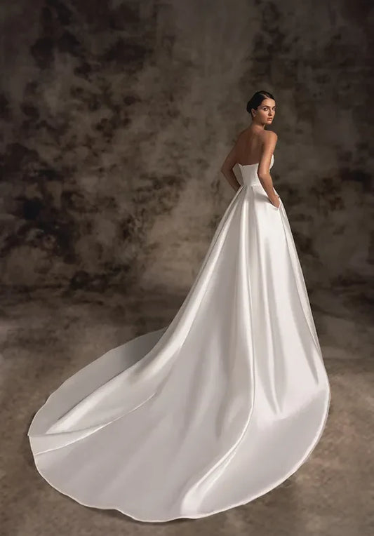 Elegant A-Line Strapless Sleeveless Pleated Slit Ivory Long Wedding Dresses Women
