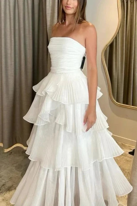 Elegant A-Line Strapless Sleeveless Pleated Tiered White Long Prom Dresses Women Gown