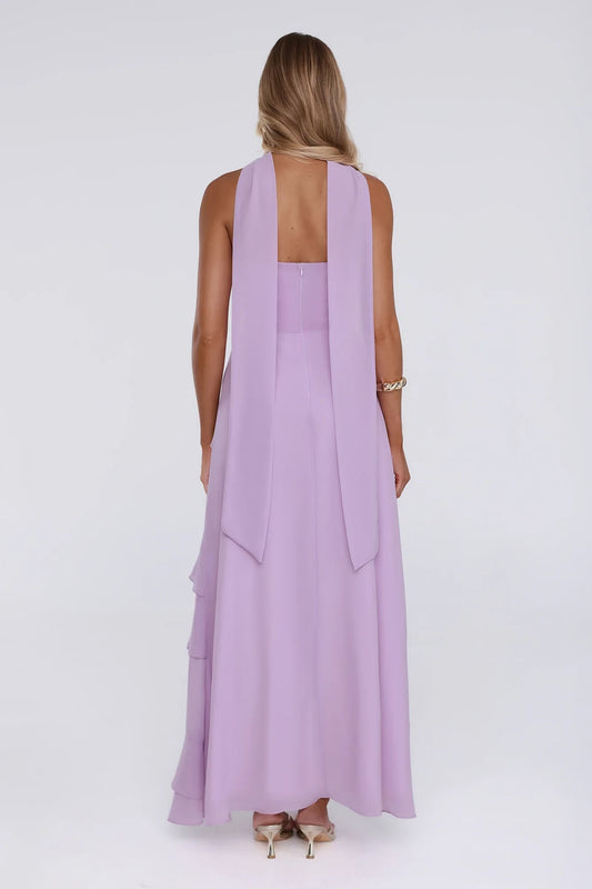 Elegant A-Line Strapless Sleeveless Tiered Ruffle Lavender Floor-Length Prom Dress for Women