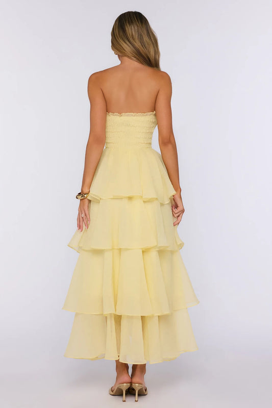 Elegant A-Line Strapless Sleeveless Tiered Ruffle Pastel Yellow Midi Prom Dresses Women's Gown