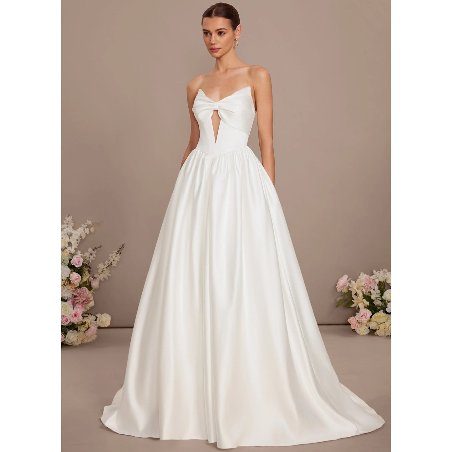 Elegant A-Line Strapless Sweetheart Bow Ivory Floor-Length Wedding Dresses For Brides