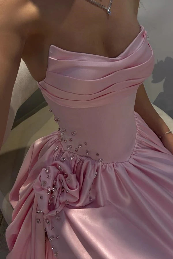 Elegant A-Line Strapless Sweetheart Ruched Embellished Pink Floor-Length Prom Dresses