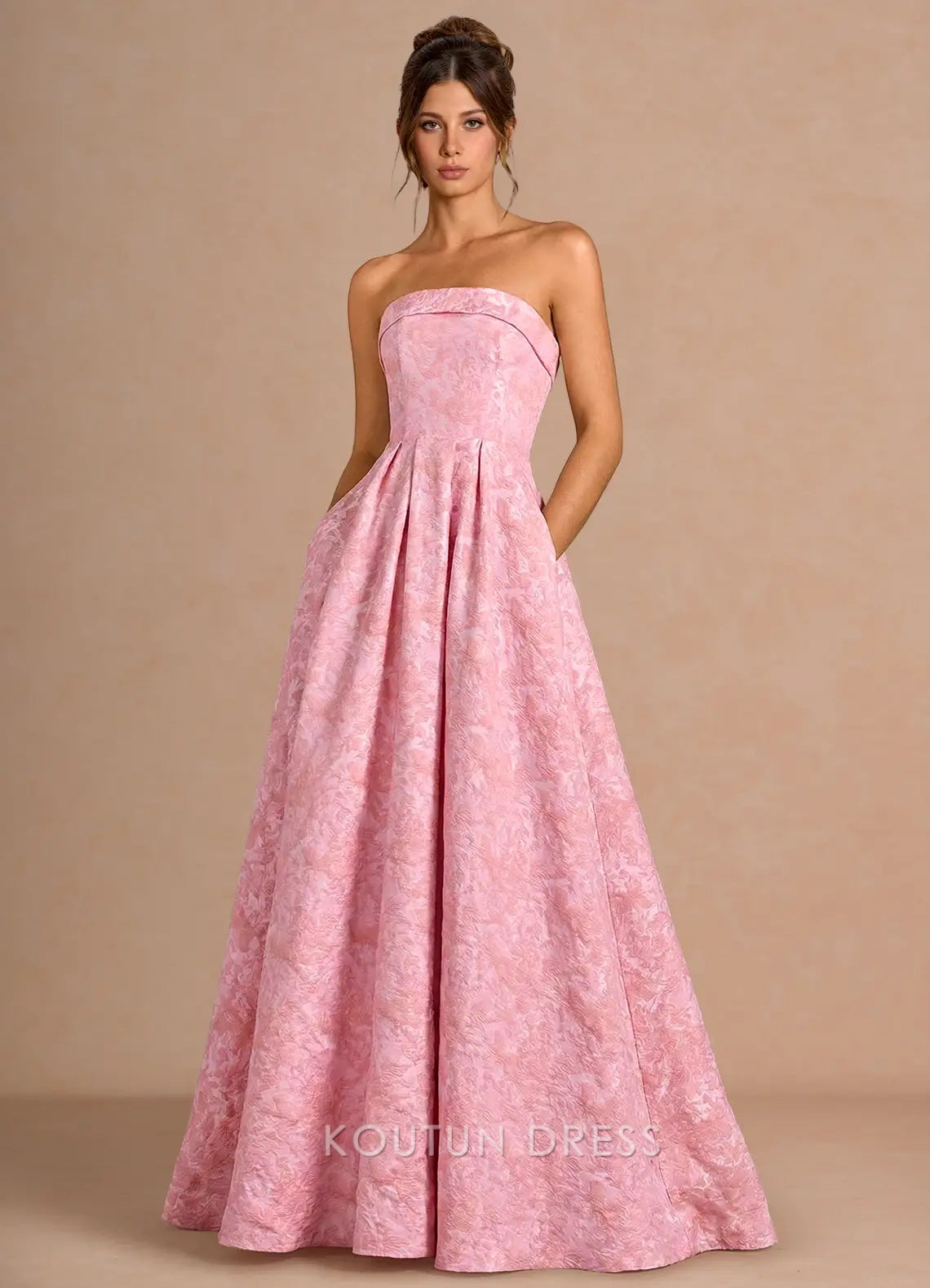 Elegant A-Line Strapless Textured Pleated Pink Floor-Length Prom Dress