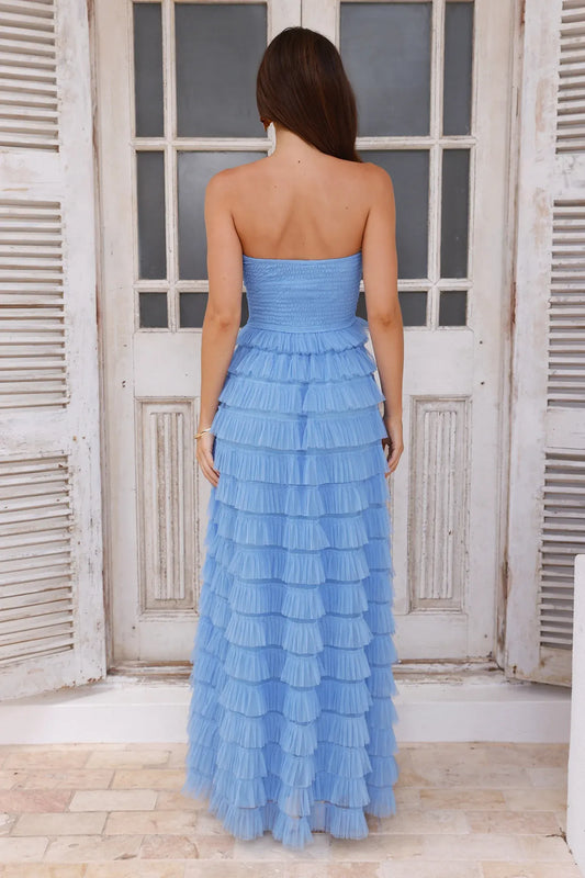 Elegant A-Line Strapless Tiered Ruffle Sky Blue Floor-Length Prom Gown