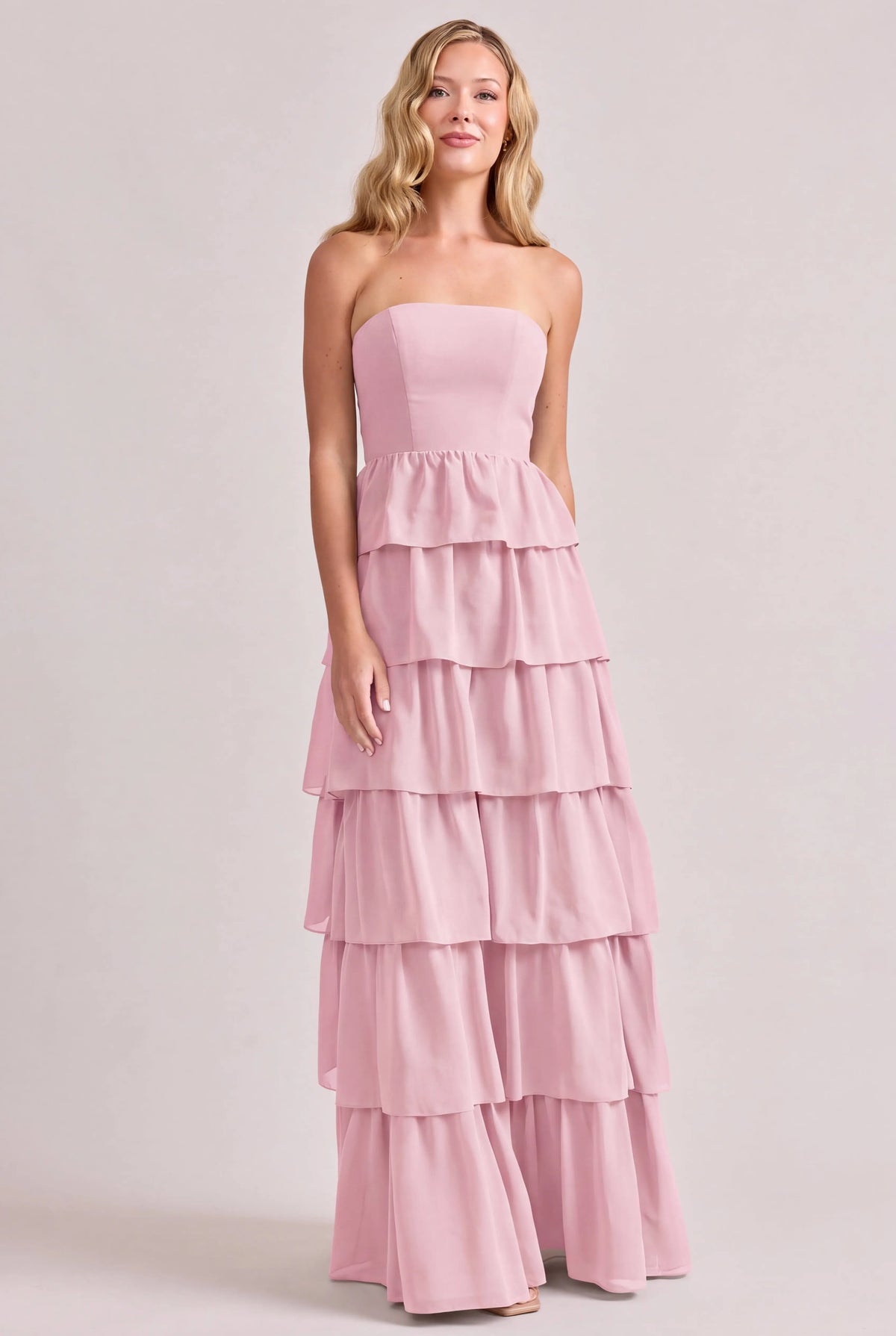 Elegant A-Line Strapless Tiered Ruffled Pink Floor-Length Prom Gown