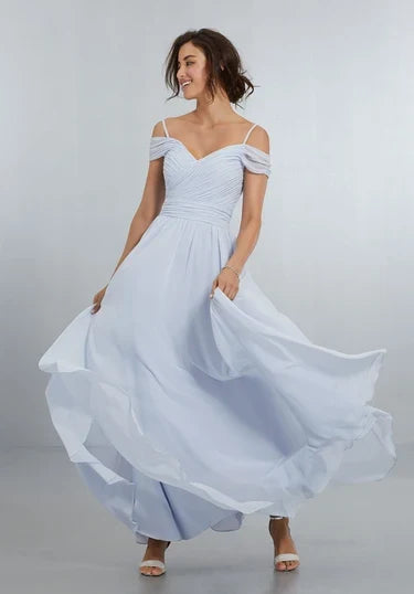 Elegant A-Line Sweetheart Cold-Shoulder Ruched Blue Floor-Length Bridesmaid Dress Women Gown
