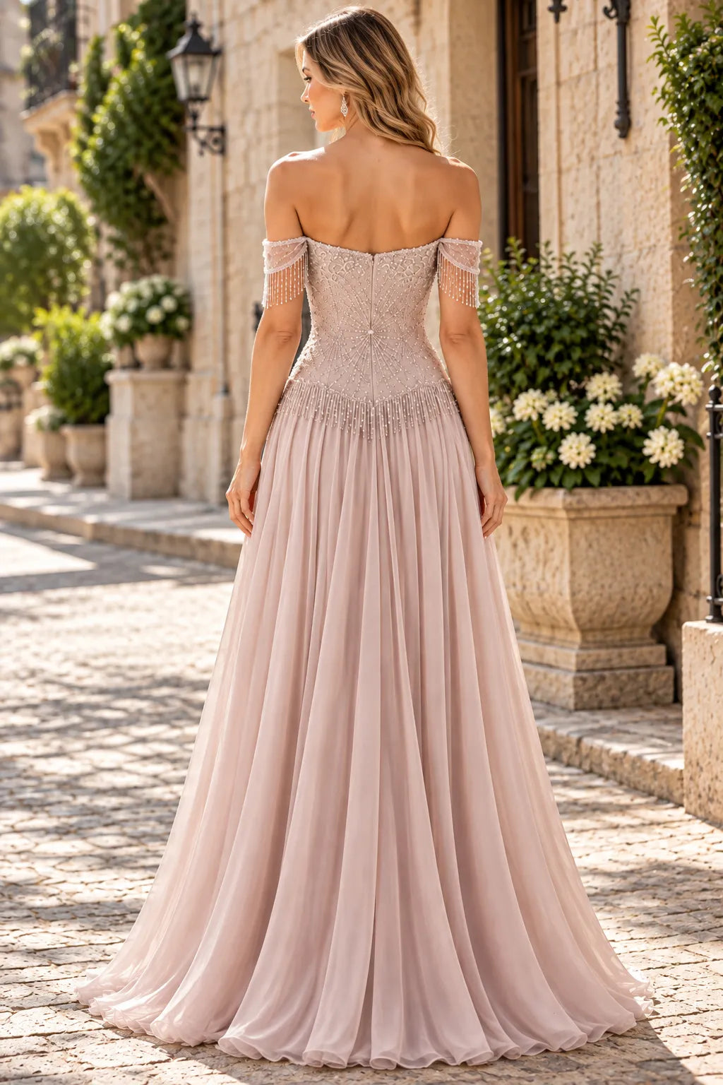 Elegant A-Line Sweetheart Off-Shoulder Beaded Fringe Blush Floor-Length Prom Dresses